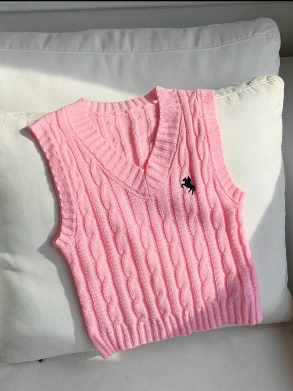 Pink Cable Knit V-Neck Sweater Vest with Pony Logo